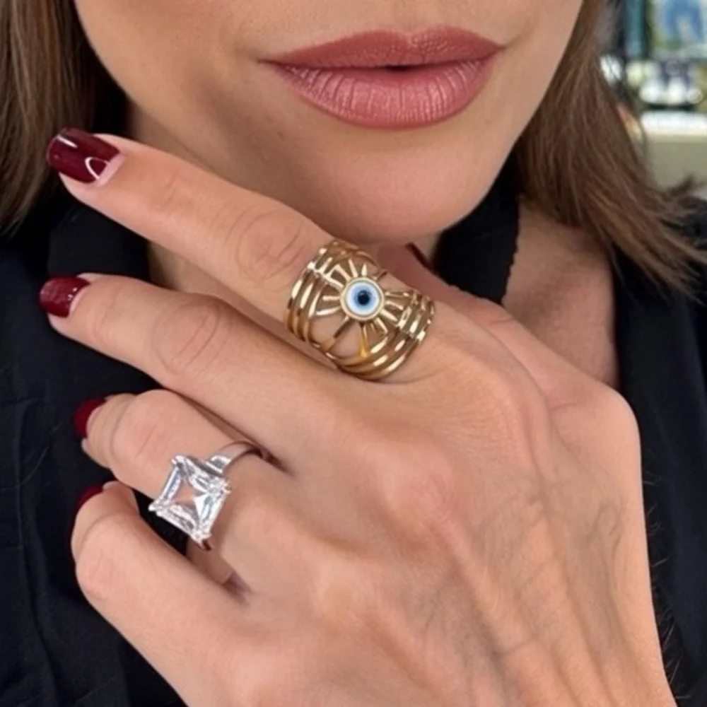 Gold Plated Stainless Steel Statement Evil Eye Ring Sunburst Design Adjustable